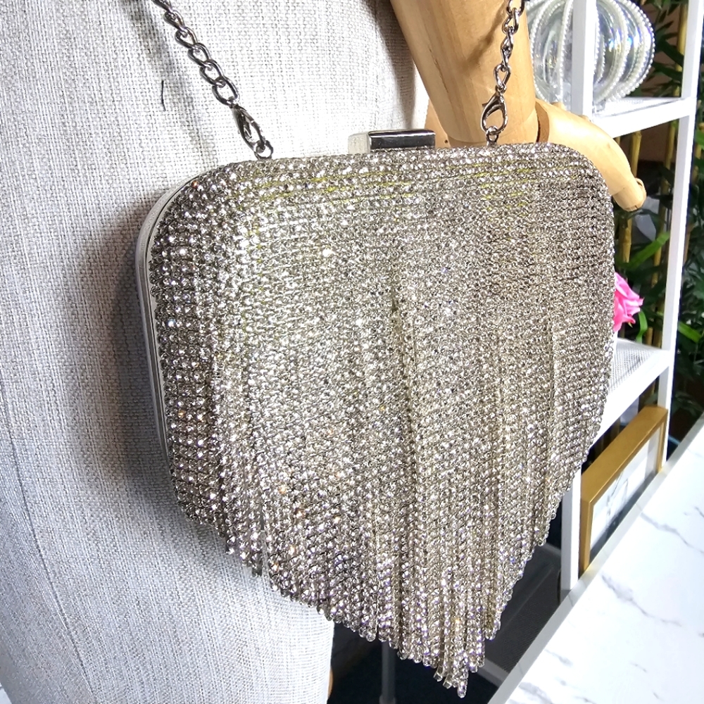 Call It Spring Farniastate Encrusted Fringe Silver Clutch Purse - NWT